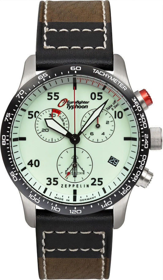 Herren-Chronograph mit hellgrünem Zifferblatt, Tachymeter-Lünette und braunem Lederband