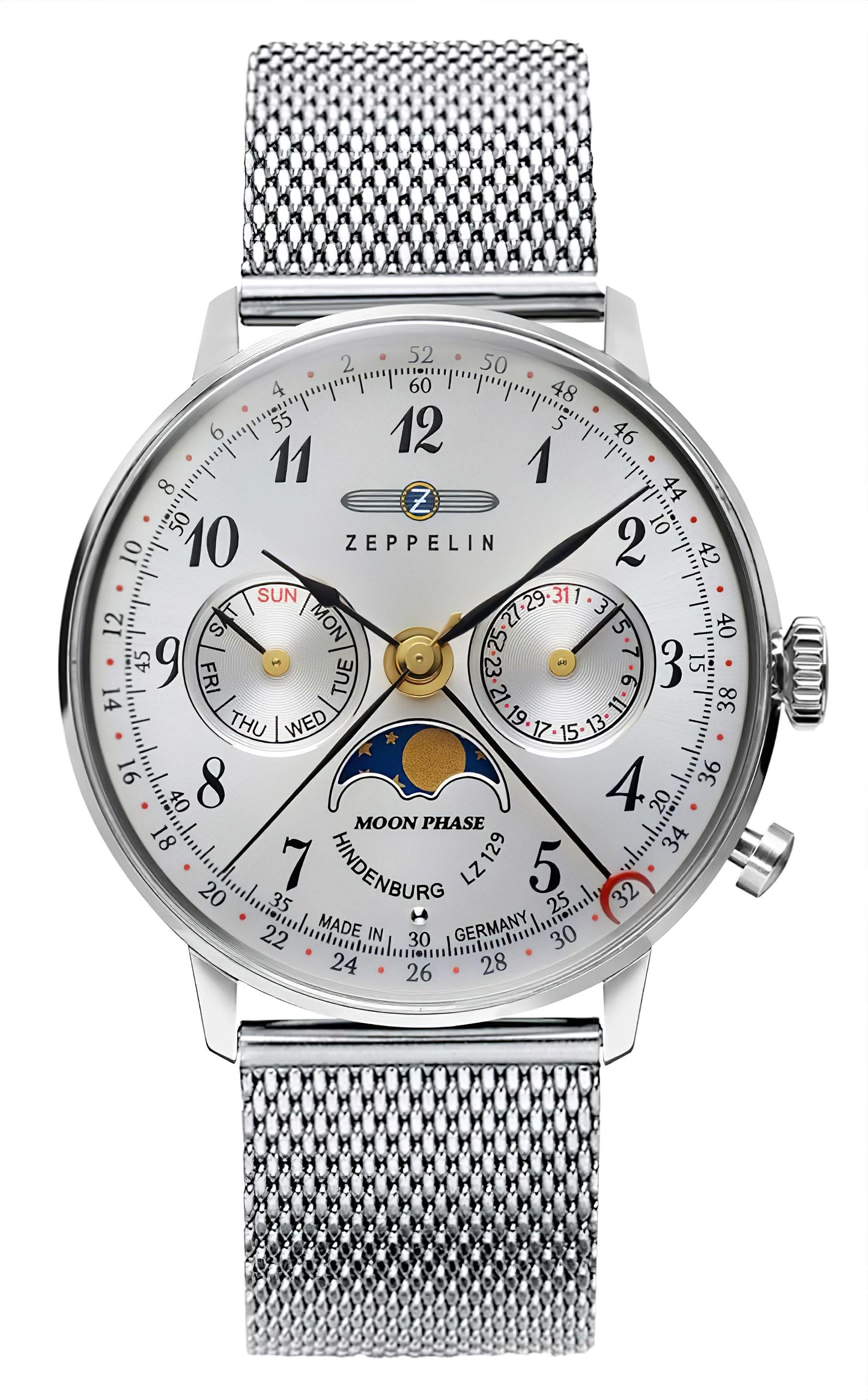 Damenarmbanduhr Zeppelin mit Mondphasenanzeige, silberfarbenes Mesh-Armband, rundes Zifferblatt