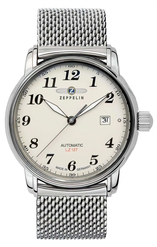 Zeppelin Herren-Armbanduhr mit silbernem Metallband, beigem Zifferblatt, Datum bei 3, Automatik
