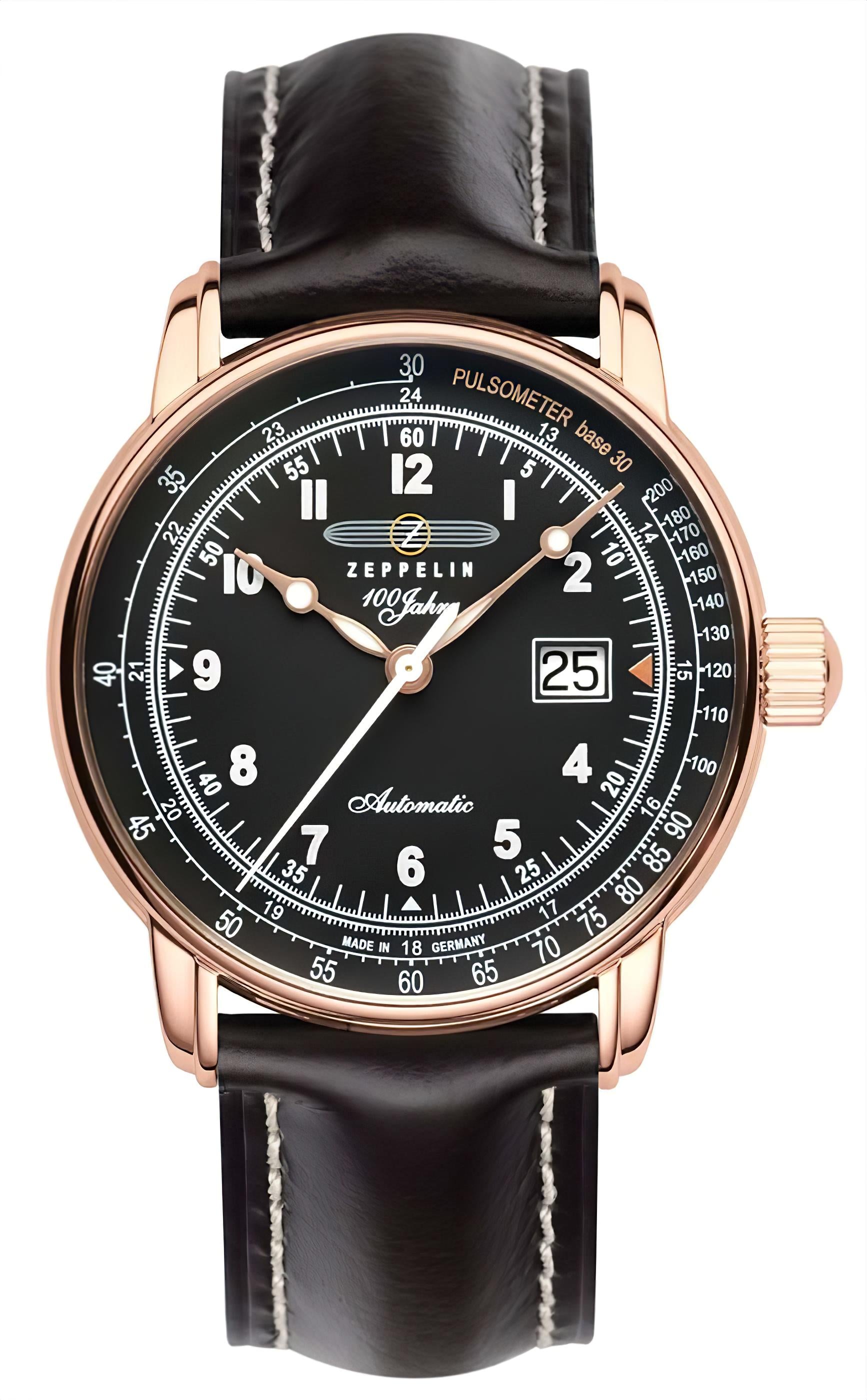 Herrenarmbanduhr mit schwarzem Lederband, roségoldfarbenem Gehäuse und Datumsanzeige 25