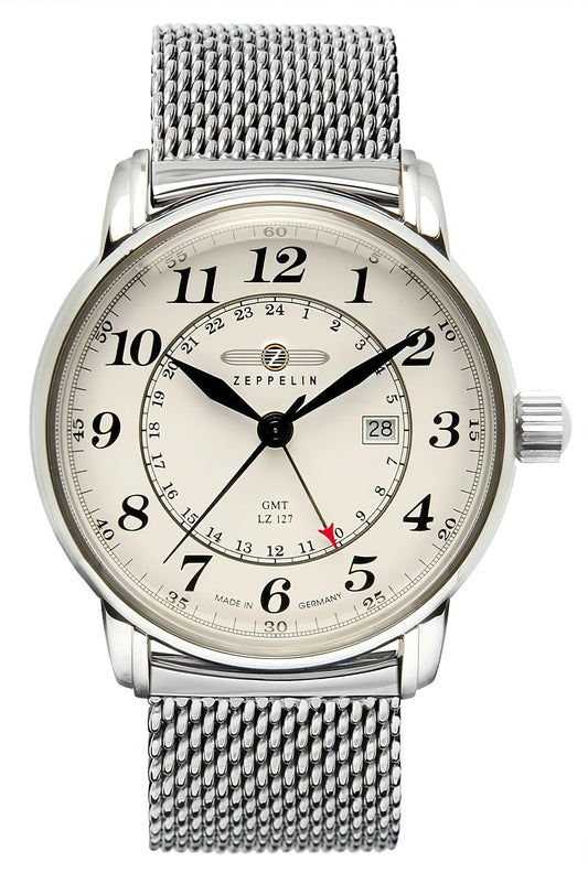 Zeppelin Herrenarmbanduhr mit silbernem Edelstahl-Meshband, rundem Gehäuse und weißem GMT-Zifferblatt