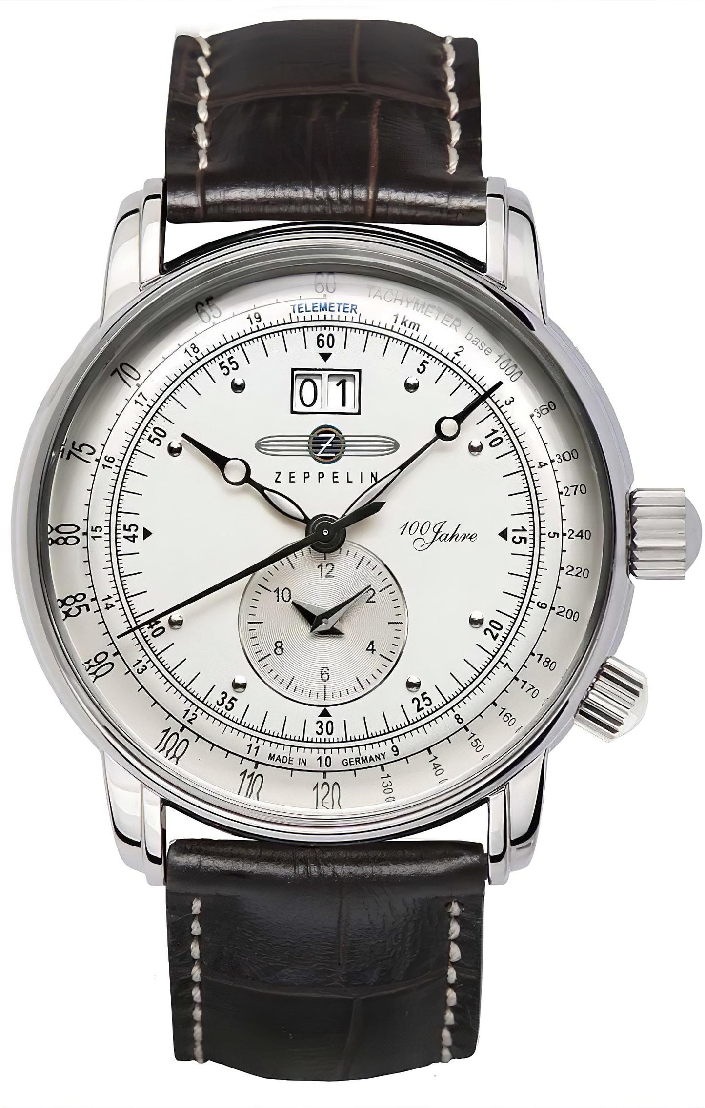 Zeppelin Herrenuhr: weißes Zifferblatt, Datumsfenster 01, schwarzes Lederband