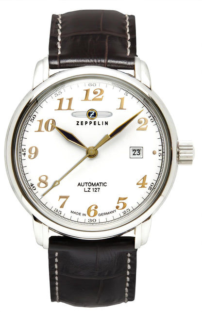 Herrenarmbanduhr mit braunem Lederarmband und weißem Zifferblatt mit Datumsanzeige