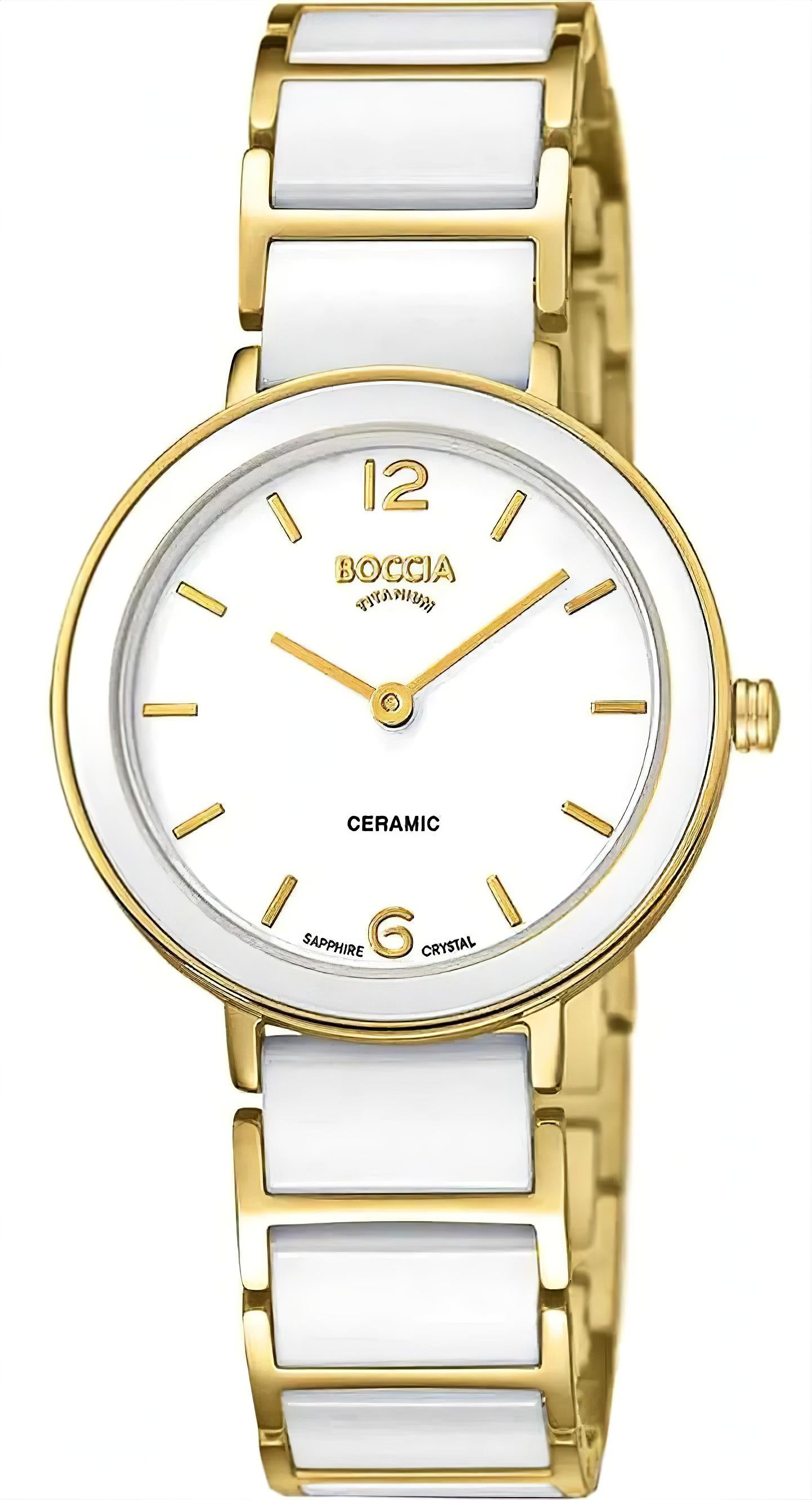 Boccia Damenuhr mit goldenem Metallarmband und weißem Zifferblatt mit Keramik-Design
