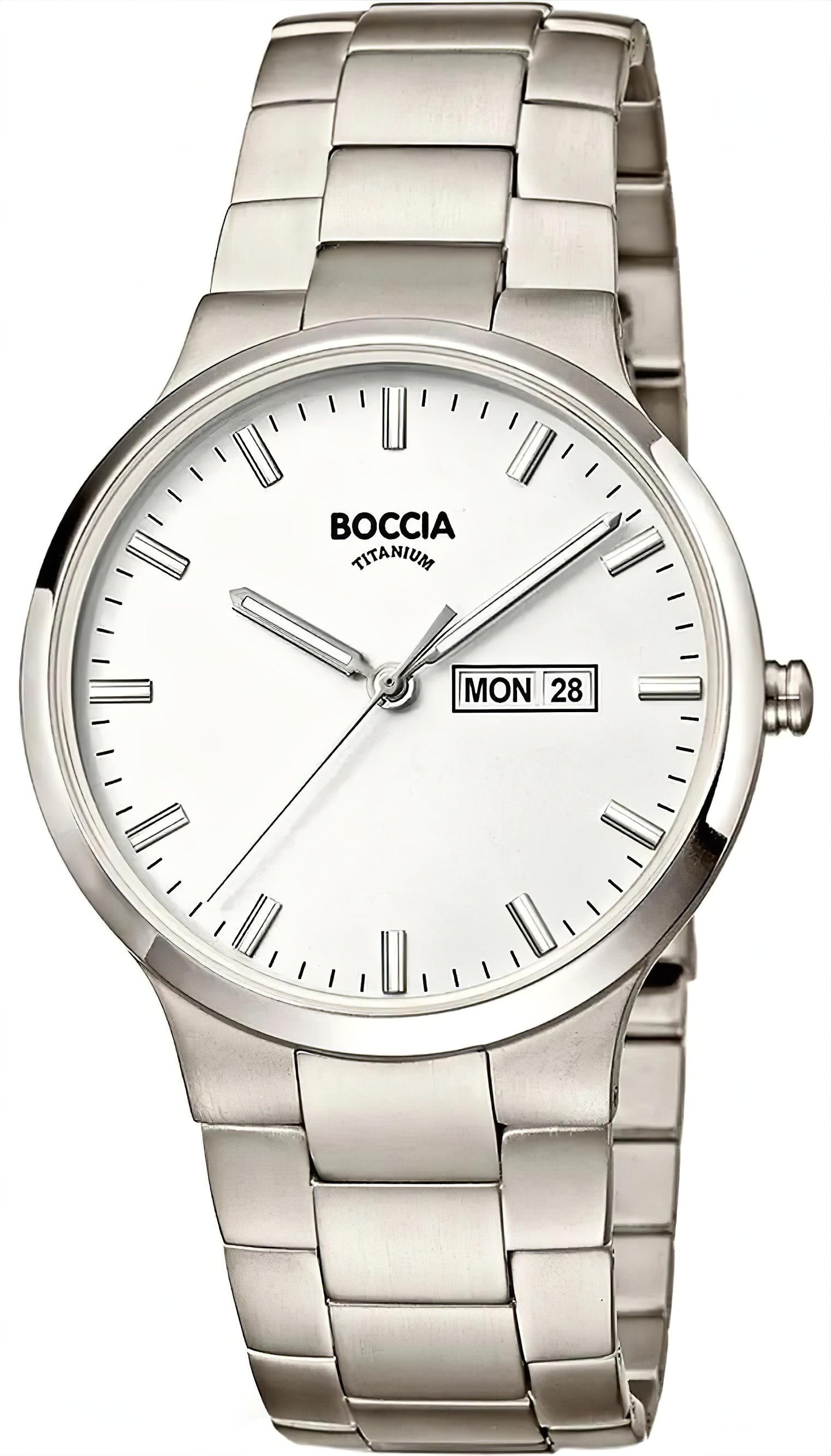 Boccia Titanium Herrenuhr Reintitan, silbernes Armband, weißes Zifferblatt mit Datum