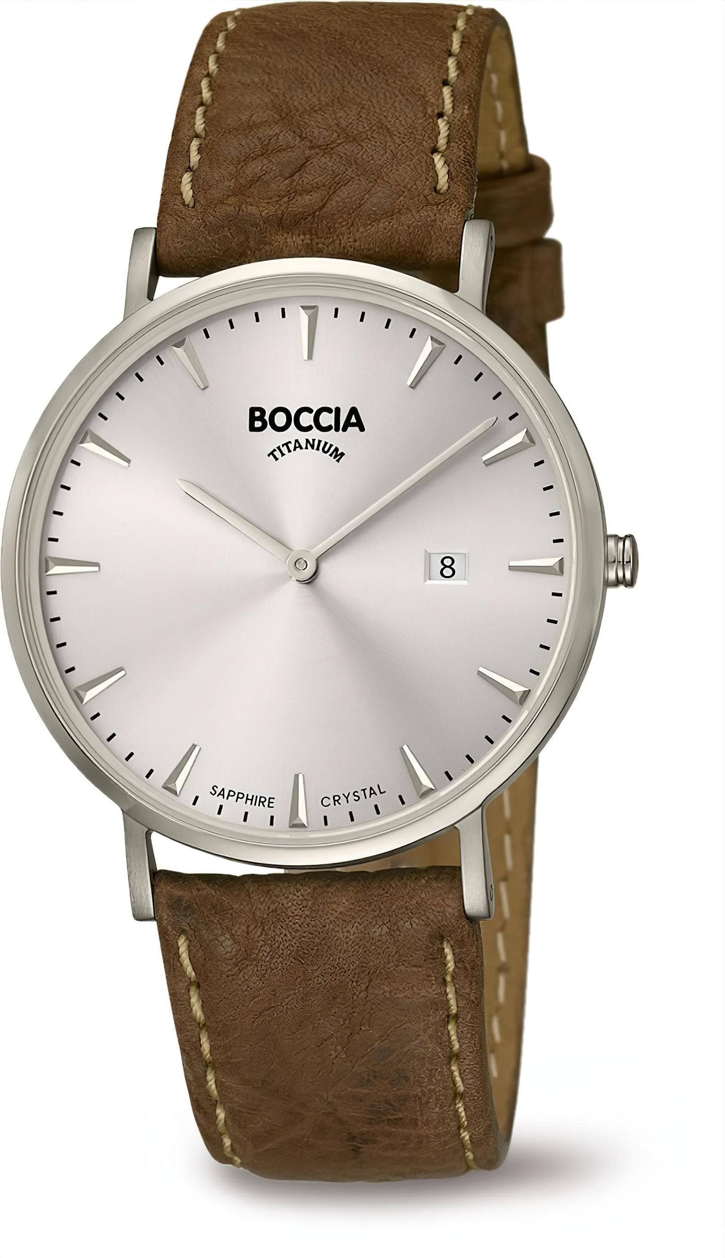 Boccia Herrenuhr mit braunem Lederarmband, rundem Titangehäuse und weißem Zifferblatt