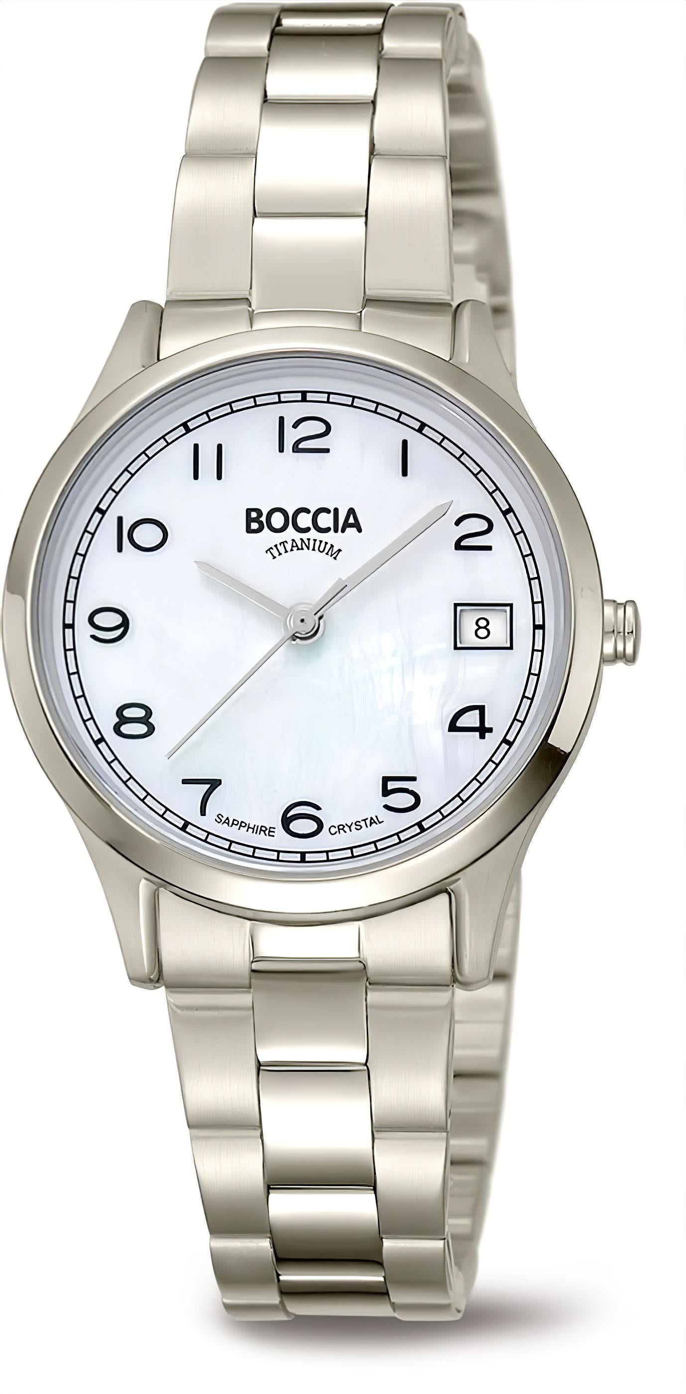 Boccia Damenuhr mit Metallarmband und weißem Zifferblatt, Saphirglas