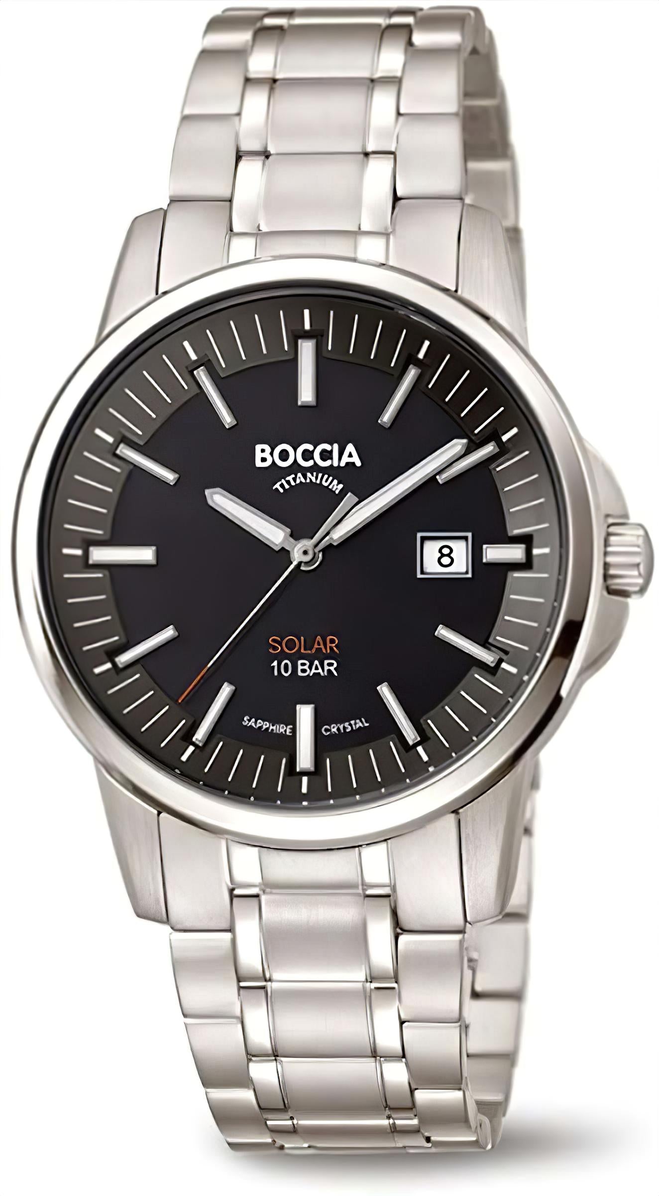 Boccia Herrenarmbanduhr: Edelstahlband, dunkles Zifferblatt, Datum bei 8, Solar