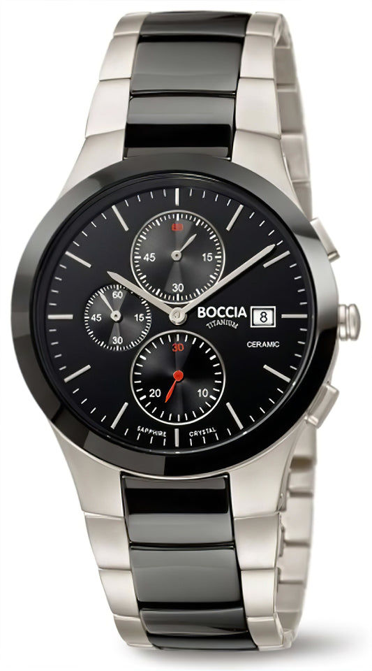 Herrenuhr BOCCIA mit Metallarmband, schwarzem Zifferblatt und Datumsanzeige