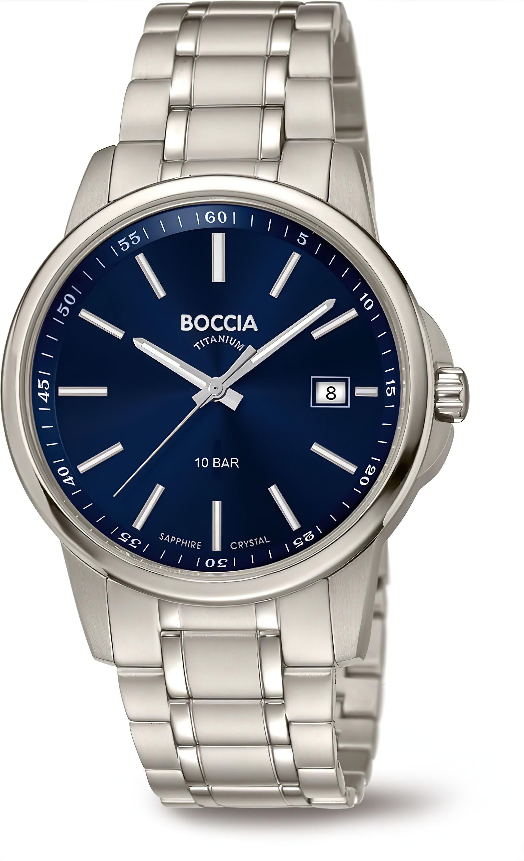Boccia Herrenarmbanduhr mit blauem Zifferblatt, Datumsanzeige und Edelstahlband
