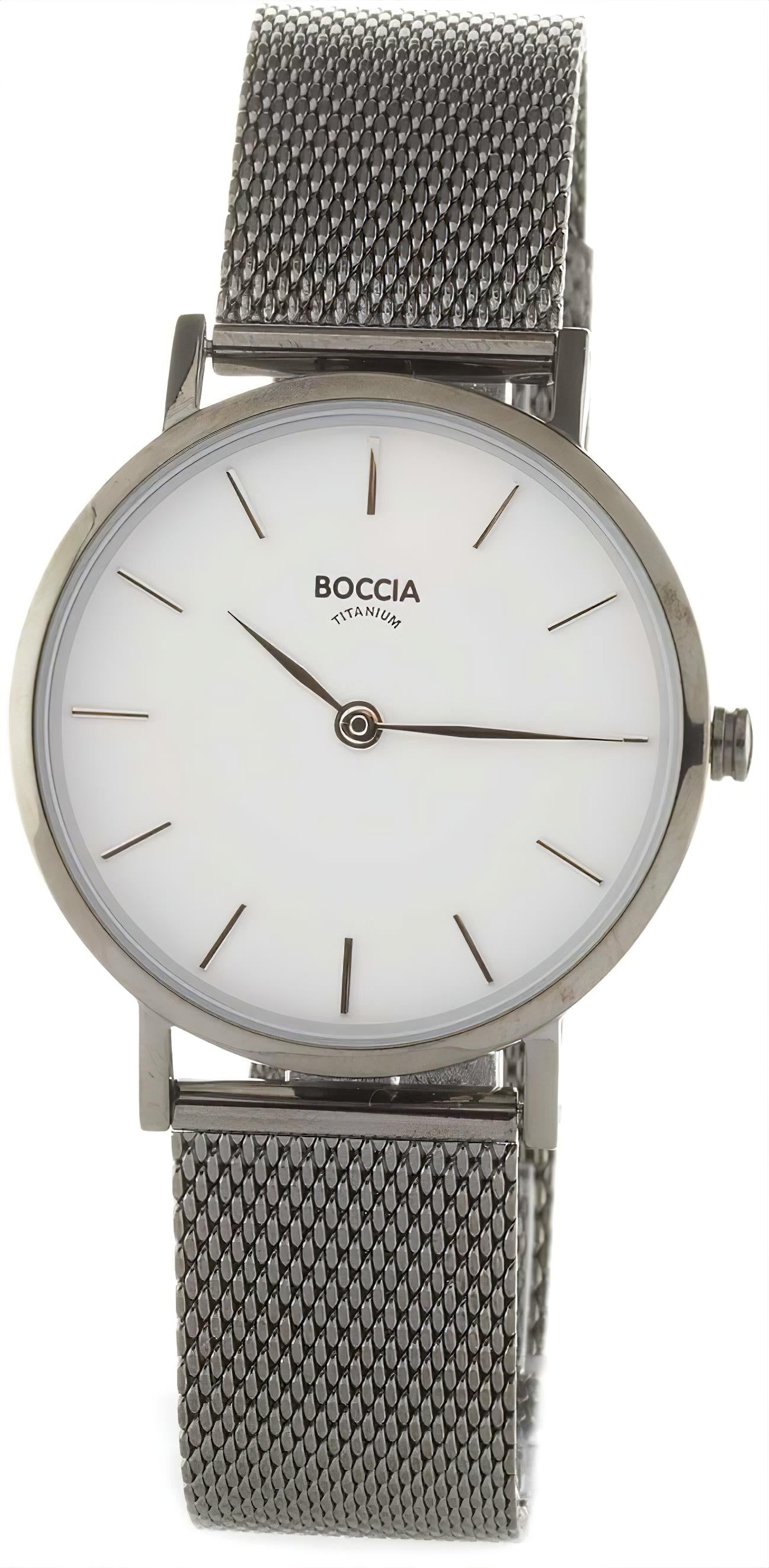 Boccia Damenuhr mit silbernem Mesh-Armband und weißem Zifferblatt, analog