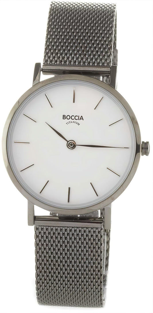 Boccia Damenuhr mit silbernem Mesh-Armband und weißem Zifferblatt, analog