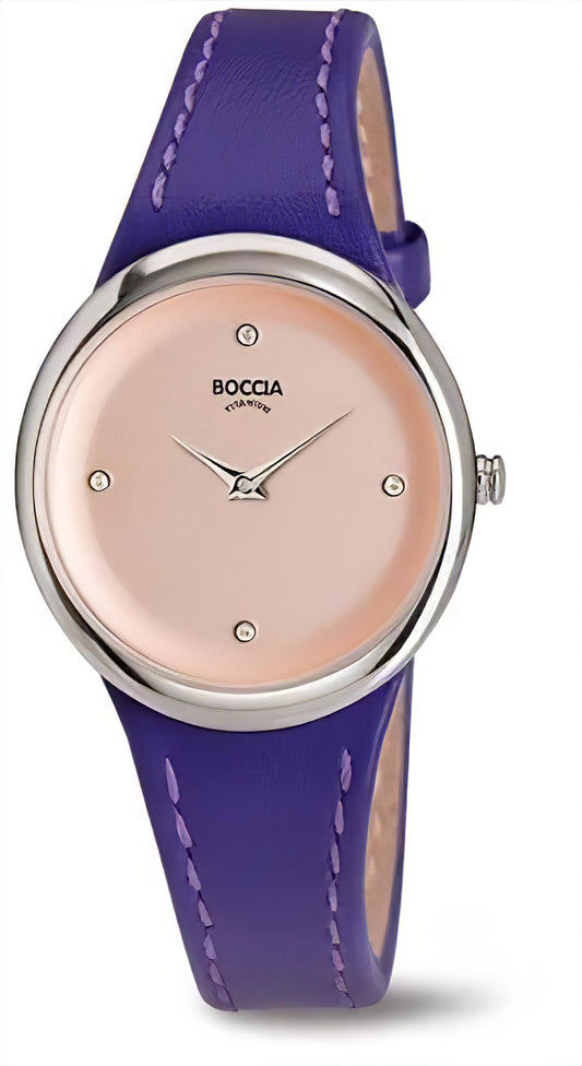 Boccia Damenuhr mit violettem Lederarmband und rundem rosafarbenem Zifferblatt