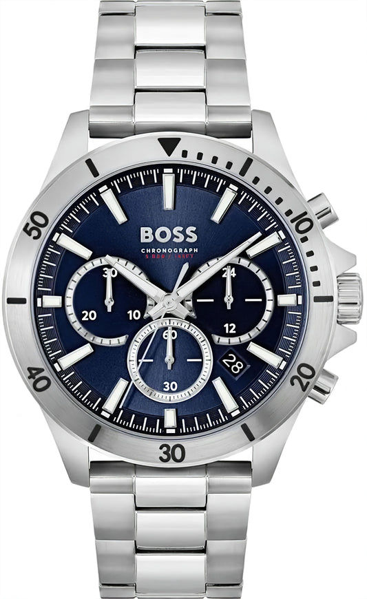 BOSS Herren-Chronograph mit blauem Zifferblatt, Edelstahlarmband und drei Zählern
