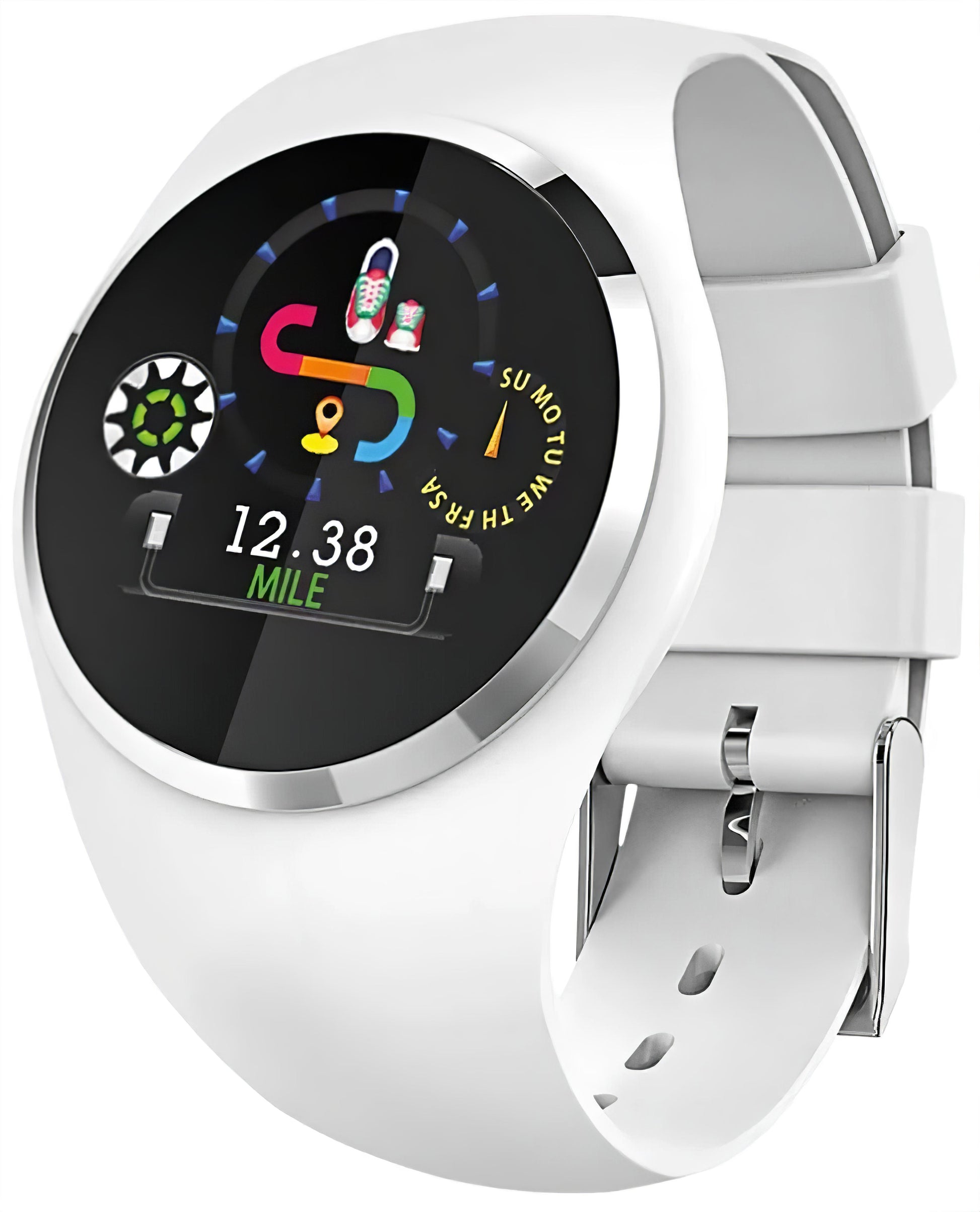 Atlanta Smartwatch mit rundem Display, schwarzem Ziffernblatt und weißem Silikonarmband