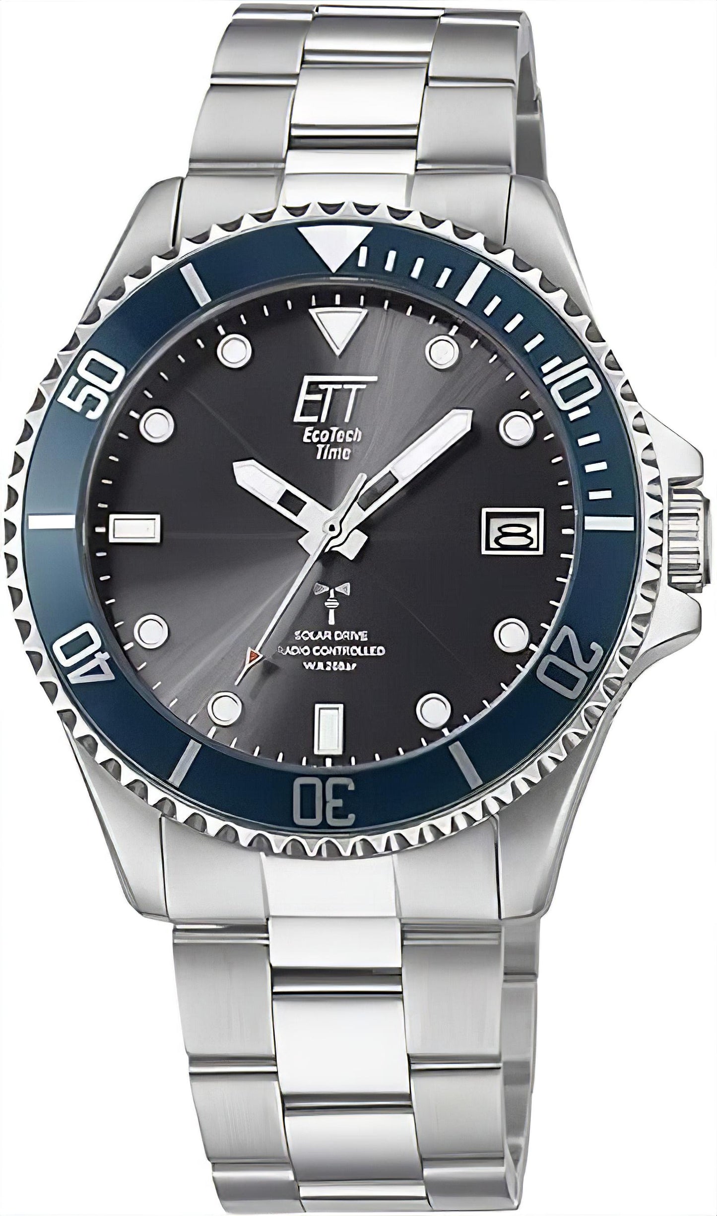 Eco Tech Time Herrenuhr mit Metallarmband, dunklem Zifferblatt und blauem Lünette