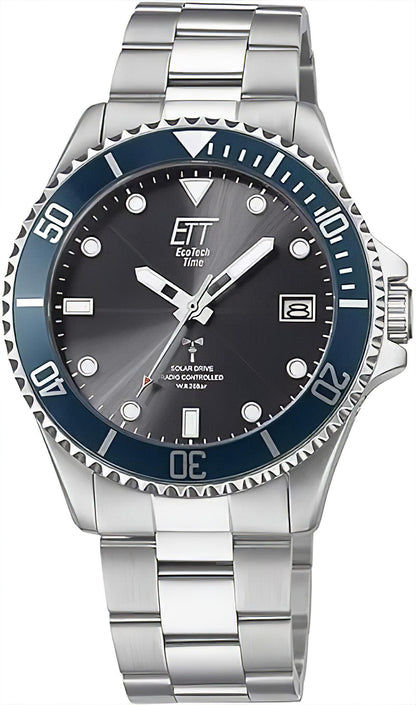 Eco Tech Time Herrenuhr mit Metallarmband, dunklem Zifferblatt und blauem Lünette