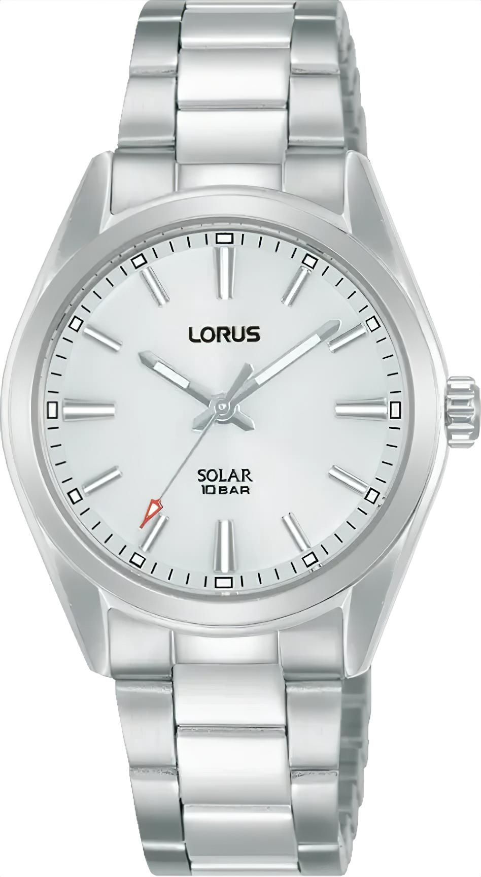 Silberfarbene Lorus Solararmbanduhr mit rundem Zifferblatt und 3 Zeigern