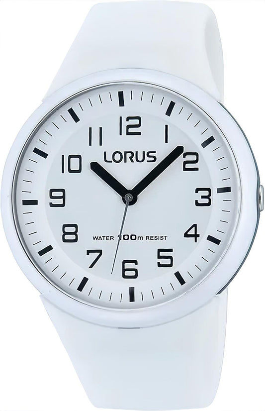 Lorus Quarzuhr mit weißem Zifferblatt und schwarzem Ziffern- und Sekundenzeiger, weißem Armband