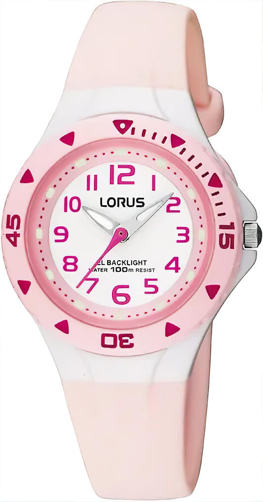 Lorus Kinderuhr mit rosafarbenem Armband, analogem Ziffernblatt und pinken Markierungen
