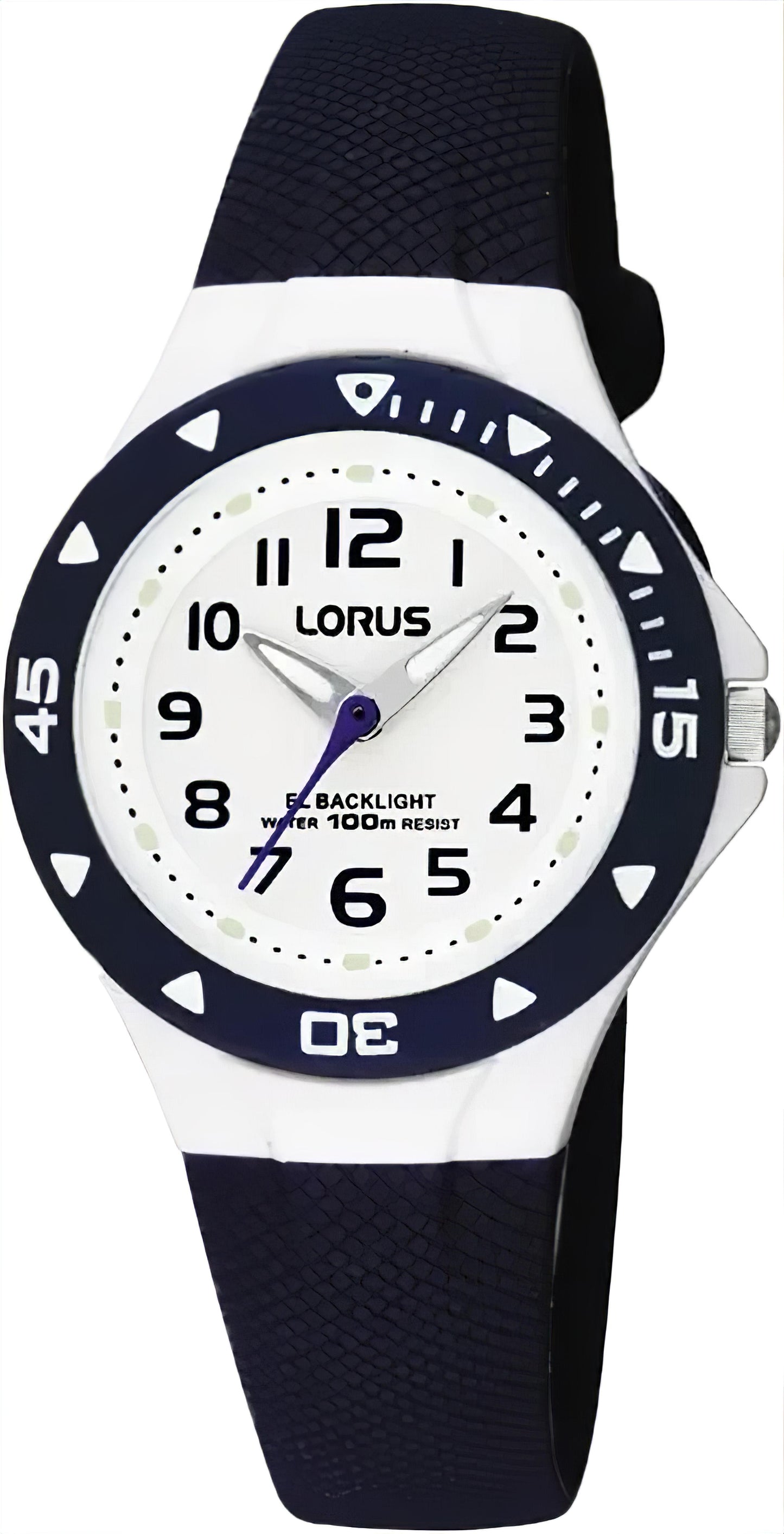 Lorus Kinderuhr mit dunklem Textilarmband, weißem Zifferblatt und drehbarer Lünette