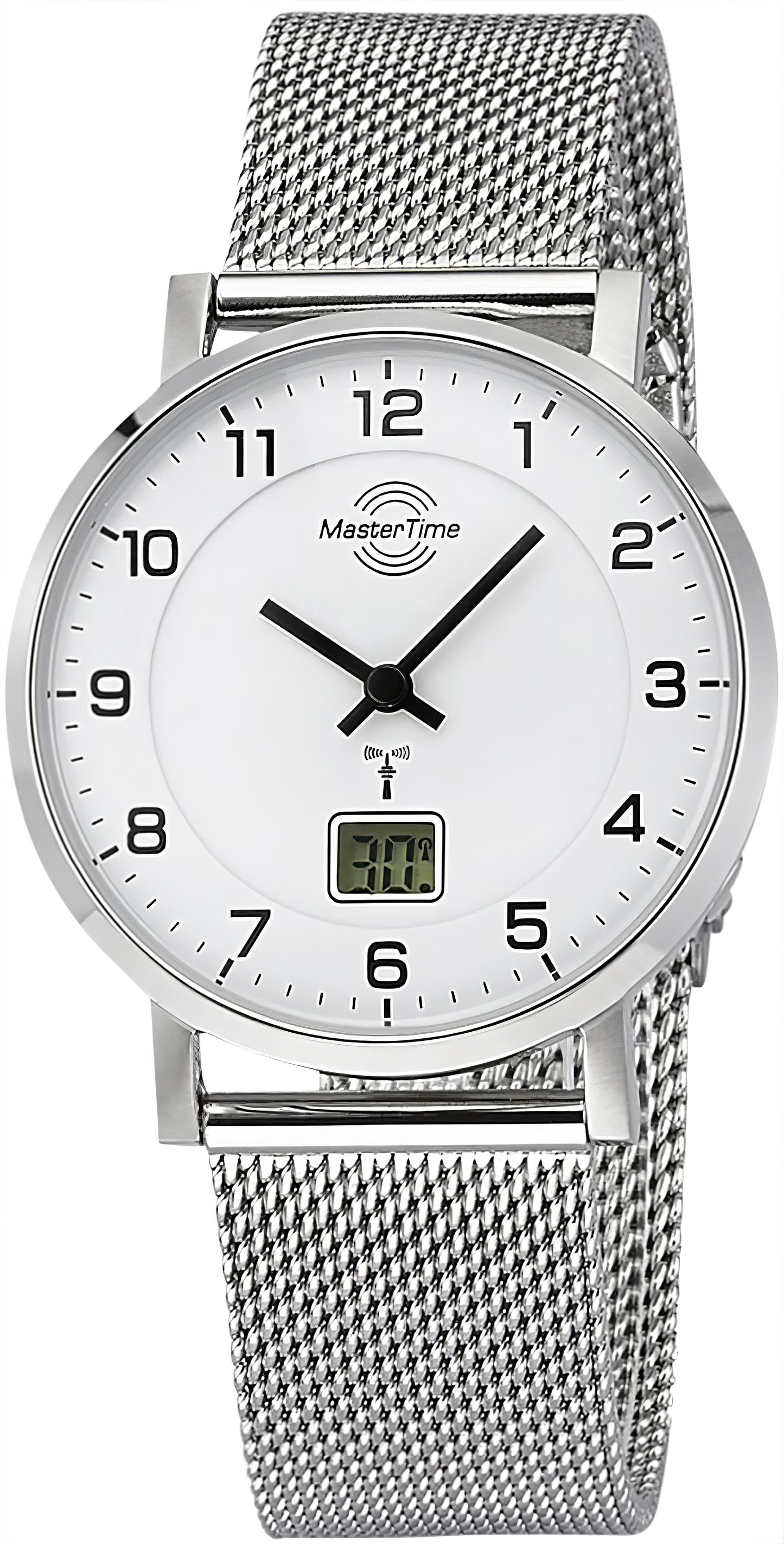 Master Time Damenuhr silbernes Meshband, weißes Zifferblatt, Analogzeiger und Digitalanzeige