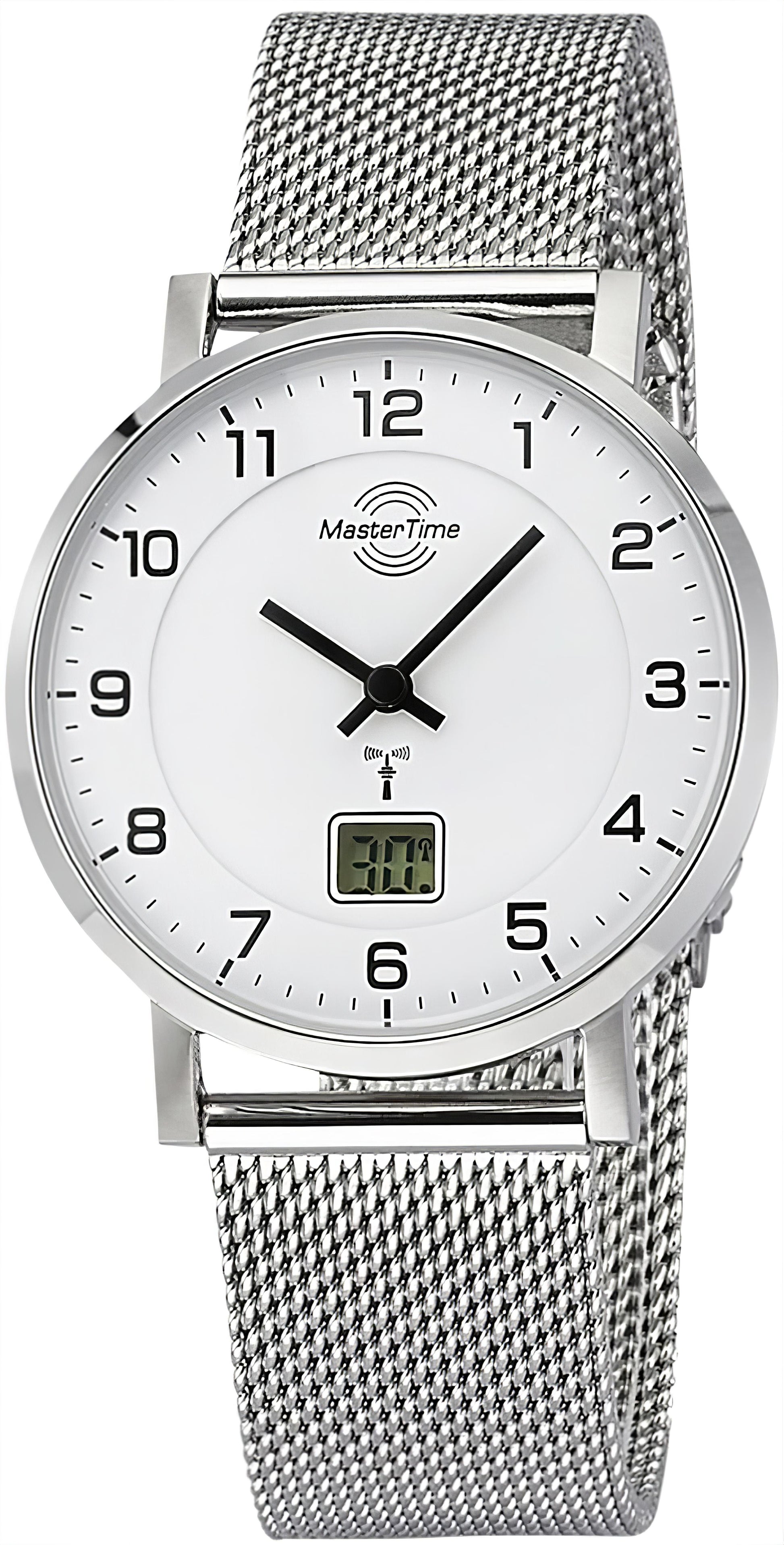 Master Time Damenuhr silbernes Meshband, weißes Zifferblatt, Analogzeiger und Digitalanzeige