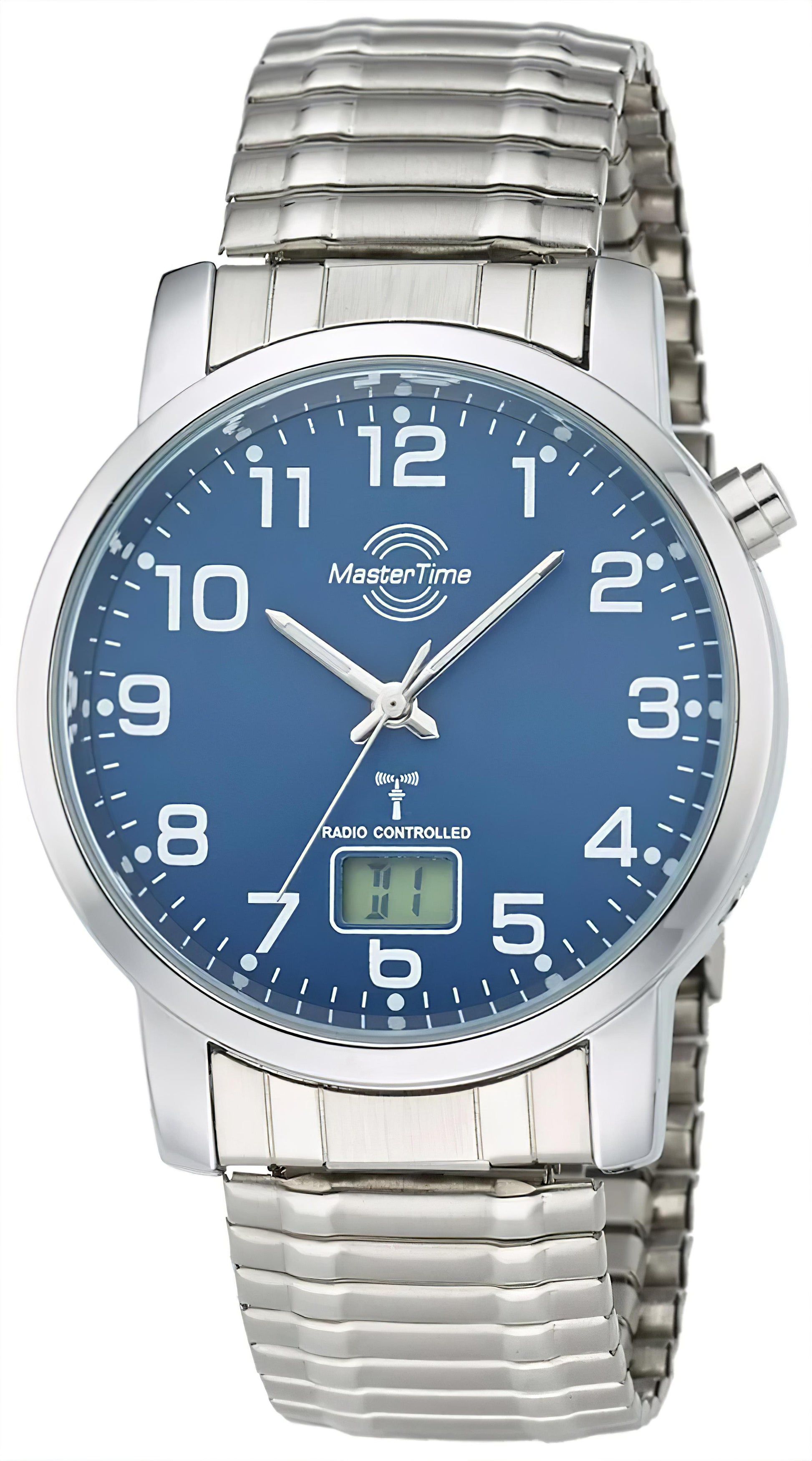 MasterTime Herrenuhr mit blauem Zifferblatt, Strichindizes und Edelstahlarmband, Funk