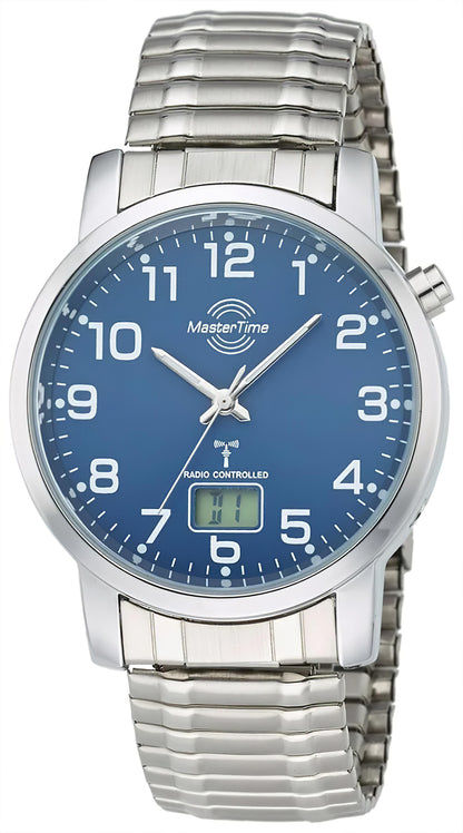 MasterTime Herrenuhr mit blauem Zifferblatt, Strichindizes und Edelstahlarmband, Funk