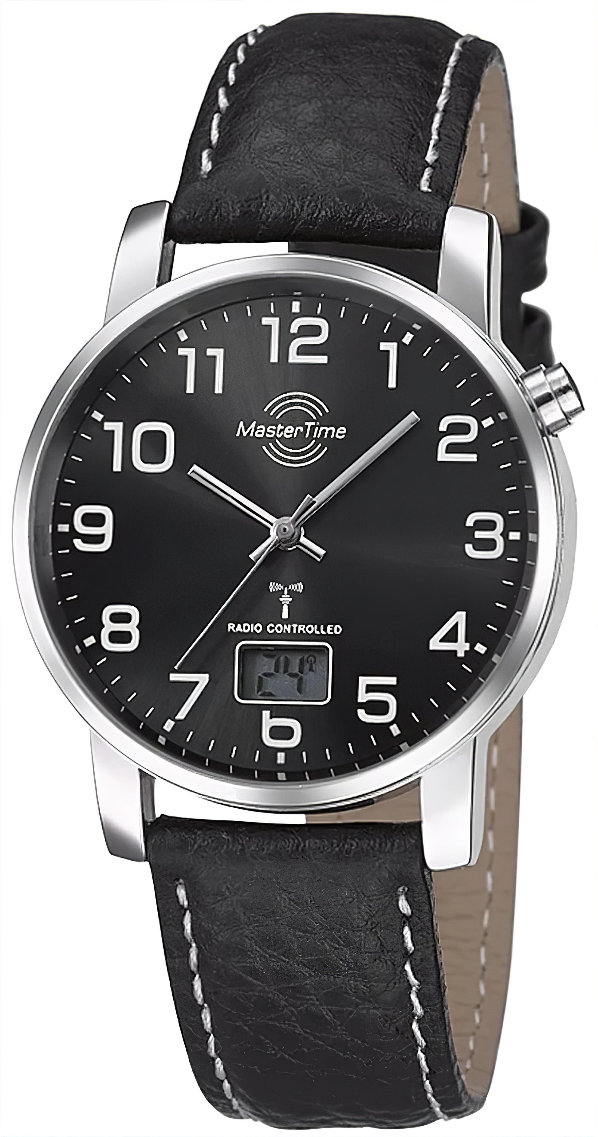 MasterTime Herrenuhr mit schwarzem Zifferblatt und schwarzem Lederarmband, Funkuhr