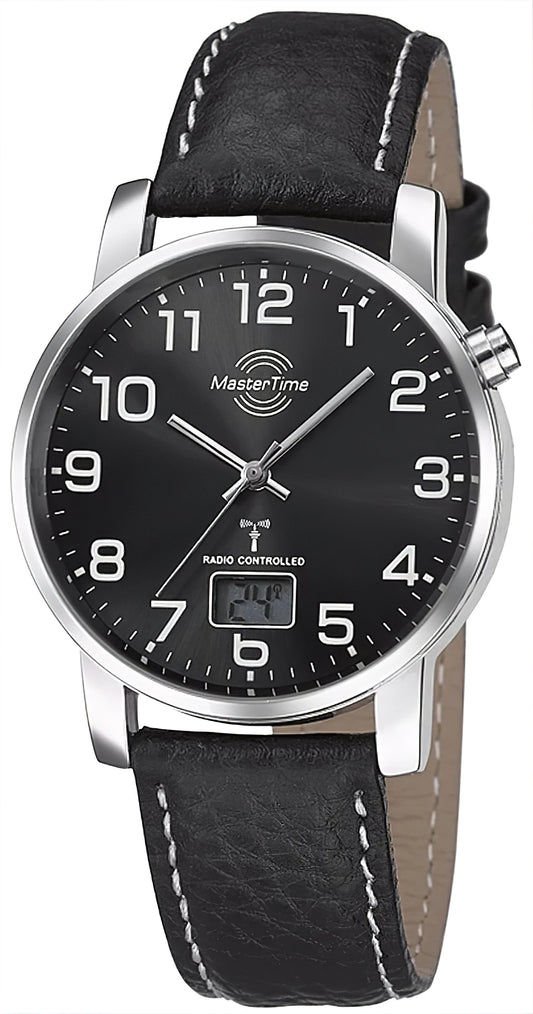 MasterTime Herrenuhr mit schwarzem Zifferblatt und schwarzem Lederarmband, Funkuhr