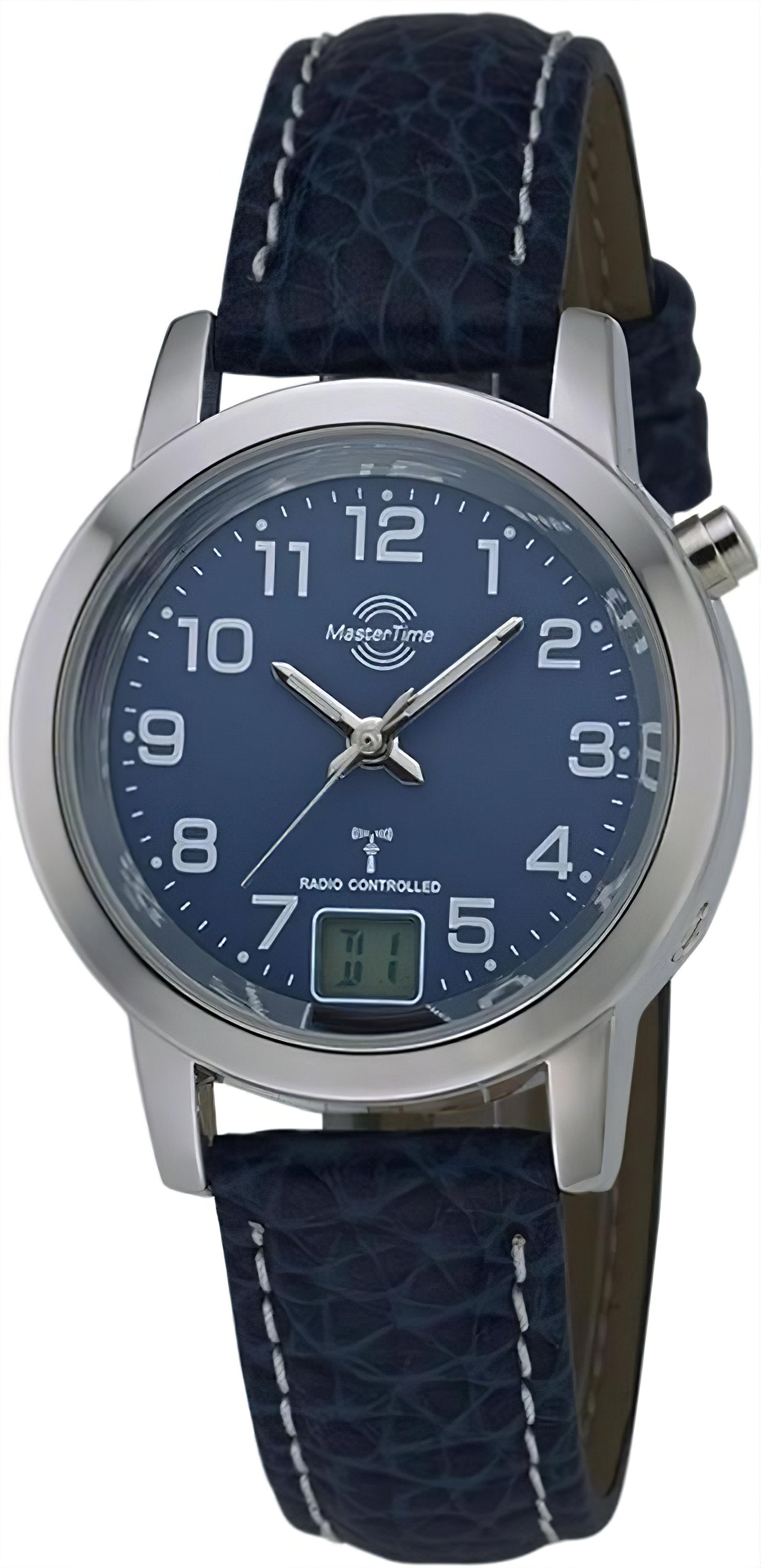 Damenuhr mit blauem Zifferblatt, silbernem Edelstahlgehäuse und dunkelblauem Lederarmband