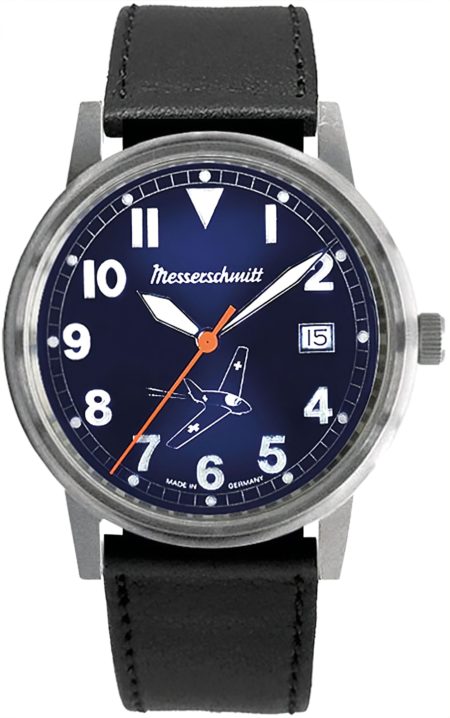 Messerschmitt Fliegeruhr für Herren mit dunklem Zifferblatt und schwarzem Lederarmband