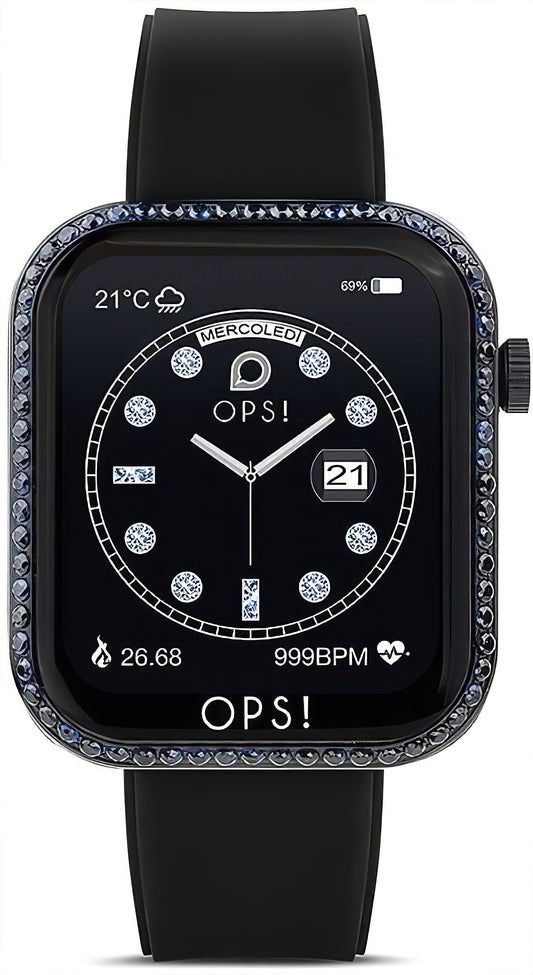 OPS! Smartwatch mit rundem Display und schwarzem Armband, UI mit Uhrzeit und Datum