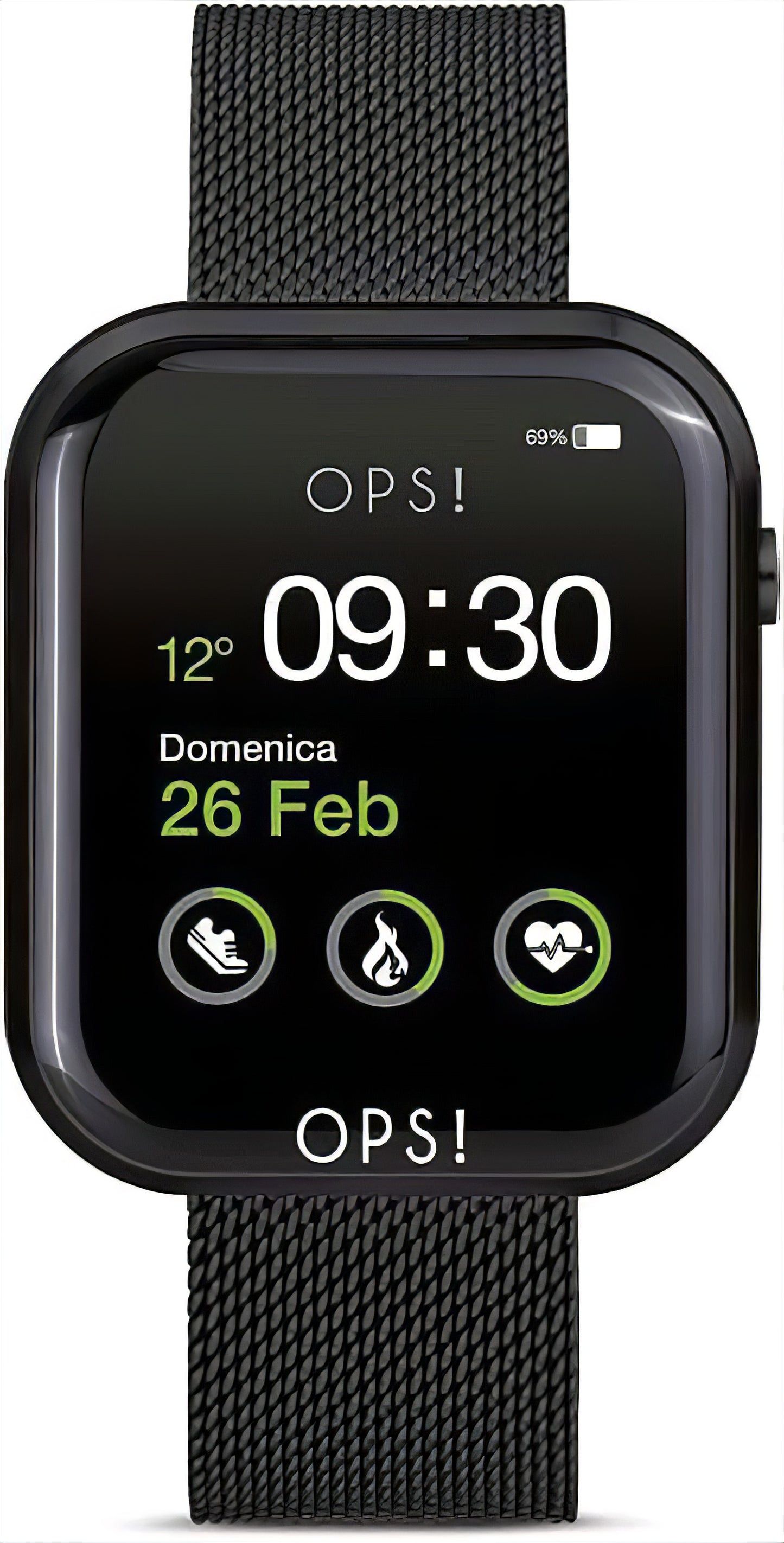 Unisex-Smartwatch mit schwarzem Display und schwarzem Metallgeflecht-Armband