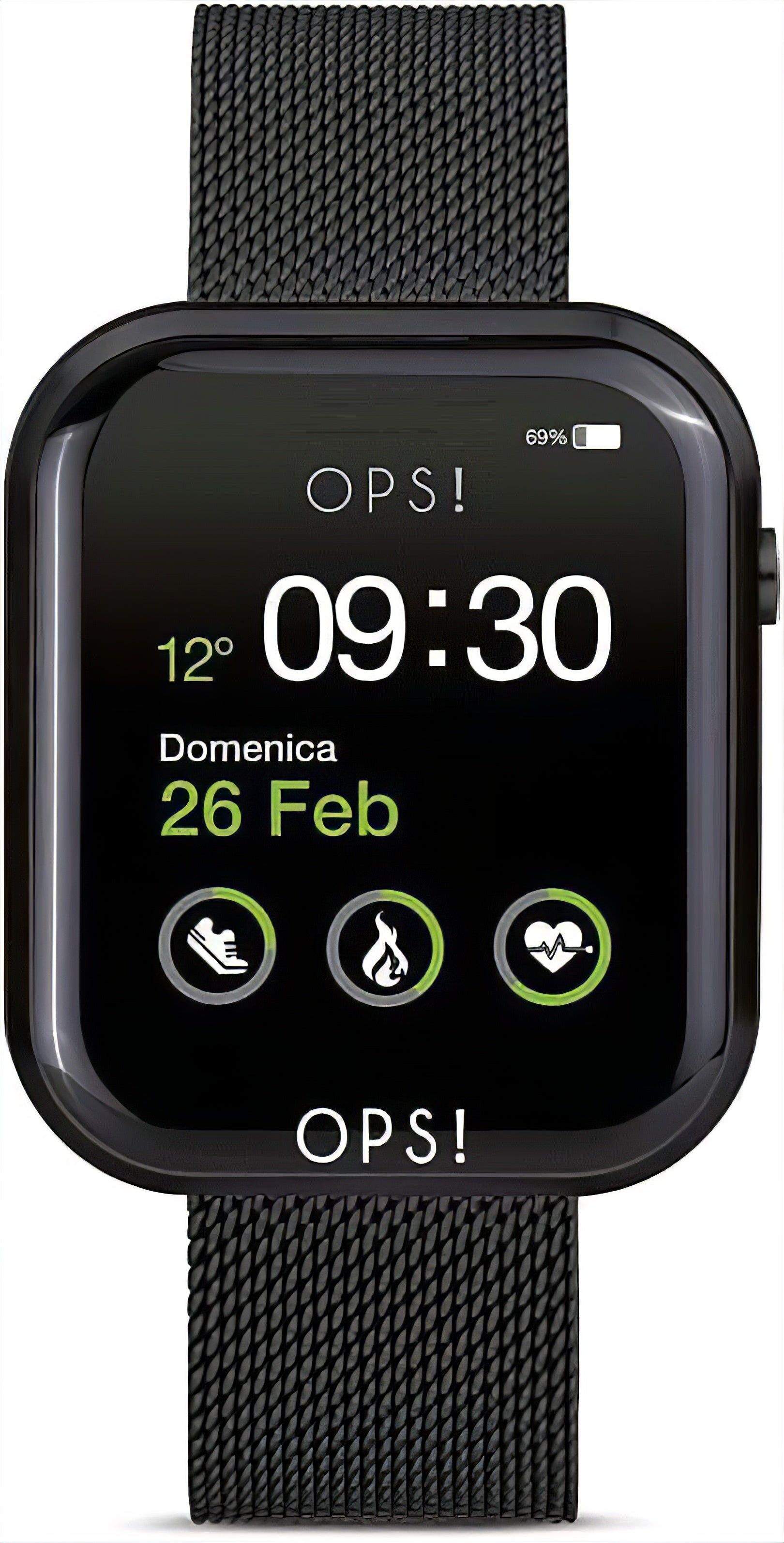 Unisex-Smartwatch mit schwarzem Display und schwarzem Metallgeflecht-Armband