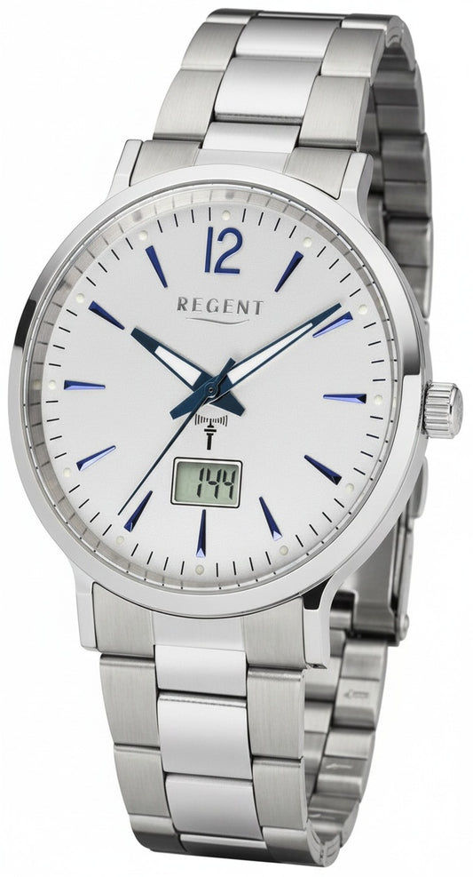 Herrenarmbanduhr Regent mit Edelstahlband, rundem Zifferblatt weiß und blauen Indexen, Anzeige