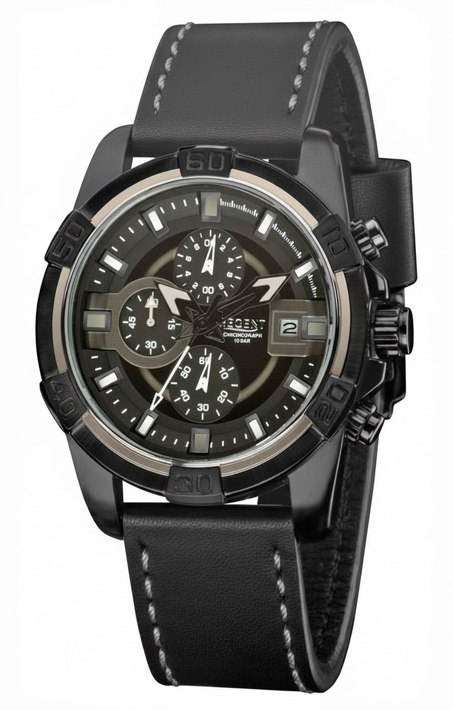 Herrenarmbanduhr Regent HL-8014 mit Chronograph, schwarzem Zifferblatt und Lederband