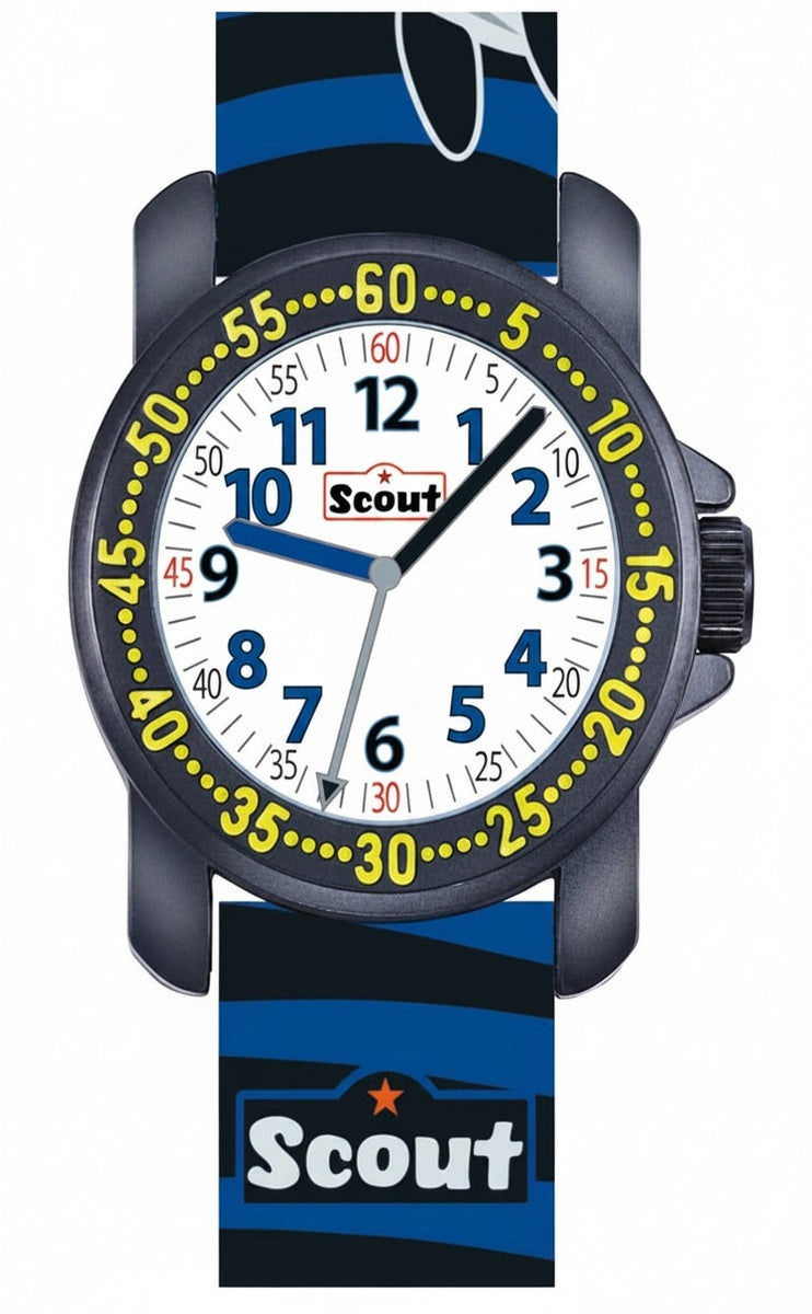 Jungen Lernuhr mit blauem Silikonarmband und gelb akzentiertem Zifferblatt