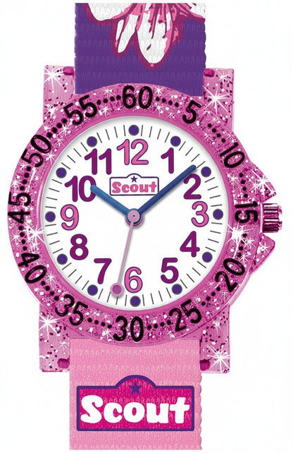 Mädchenarmbanduhr Scout mit pinkem Schmetterlings-Design, analogem Zifferblatt