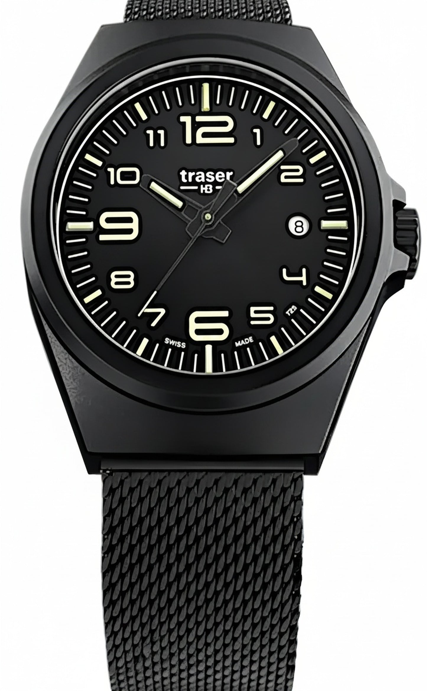 Traser Herrenarmbanduhr mit schwarzem Zifferblatt, Leuchtindizes und Metall-Mesharmband
