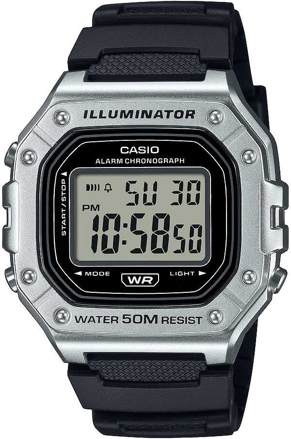 Herrenuhr mit digitalem LED-Display, silbernem Gehäuse und schwarzem Kunststoffband.