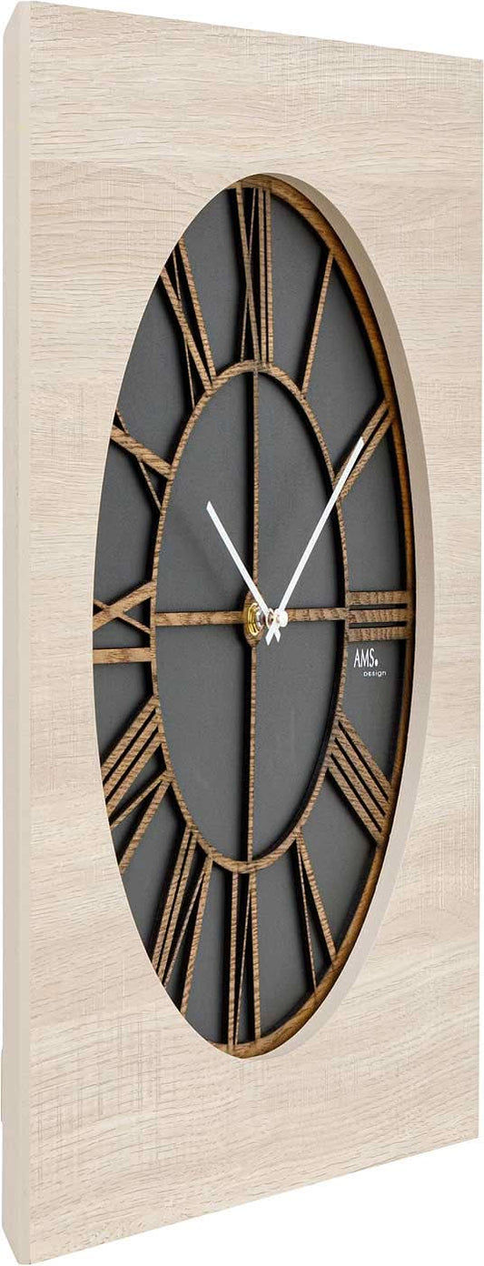 AMS Wanduhr 50x50x5 cm Holz • Stilvolle Quarzwanduhr • Geräuschloses Uhrwerk