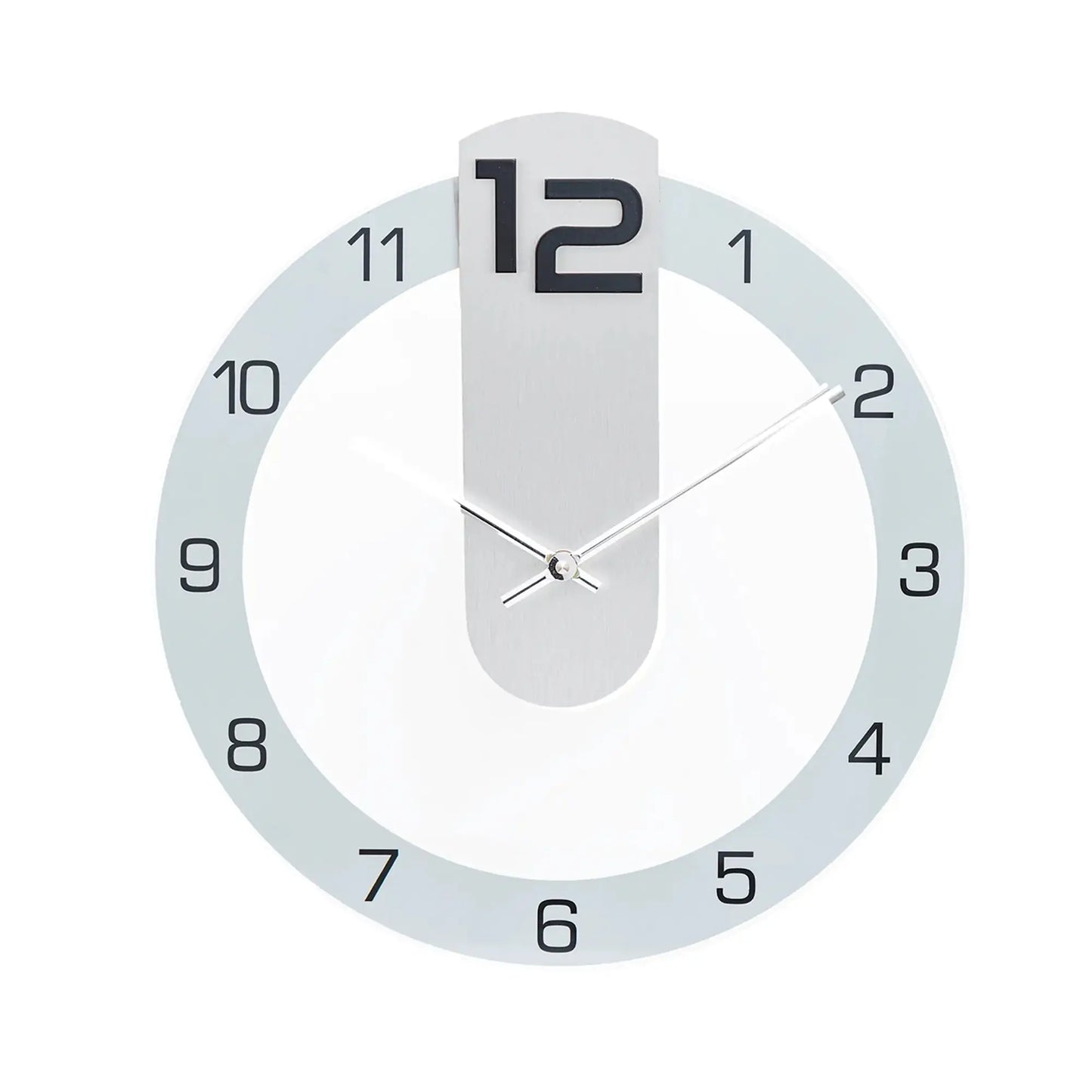 Wanduhr frontal: weißes Gehäuse, blauer Ring, schwarze Ziffern und silberne Zeiger