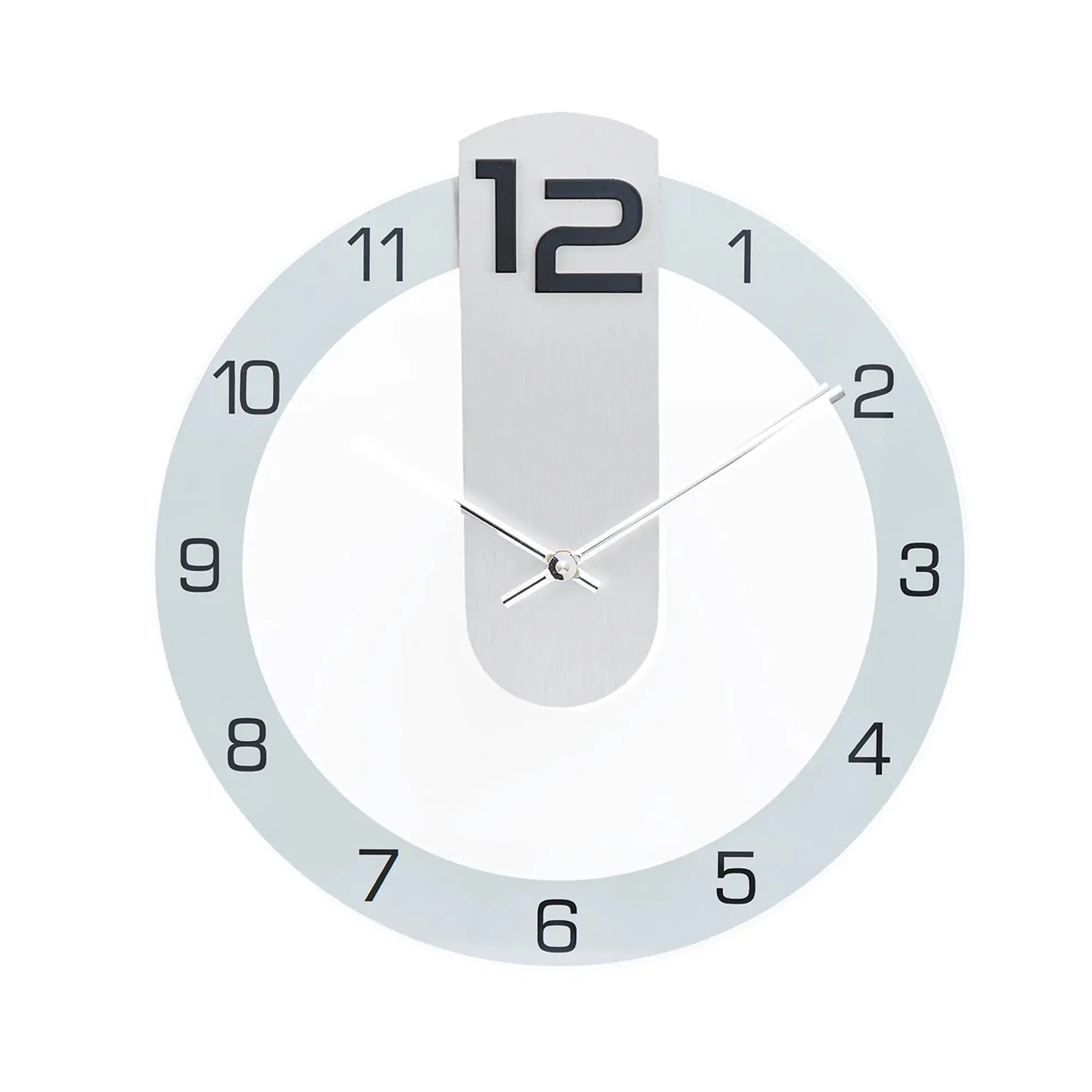 Wanduhr frontal: weißes Gehäuse, blauer Ring, schwarze Ziffern und silberne Zeiger