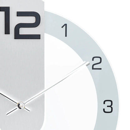 Nahaufnahme Wanduhr: Metall-Zeiger, Ziffern im Ring, weißes Gehäuse, schwarze Zahlen