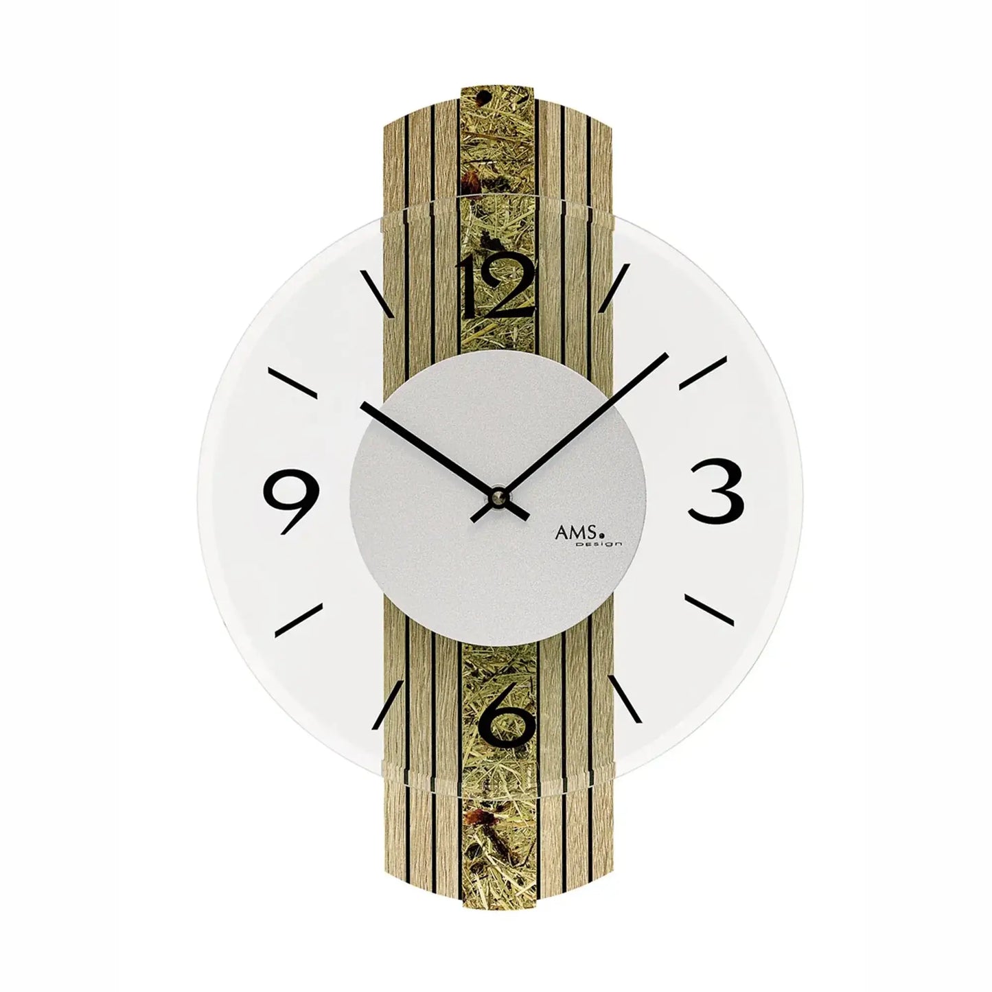 Wanduhr mit rundem weißem Ziffernblatt, grauer Mitte und Holzgehäuse mit goldfarbenen Mustern