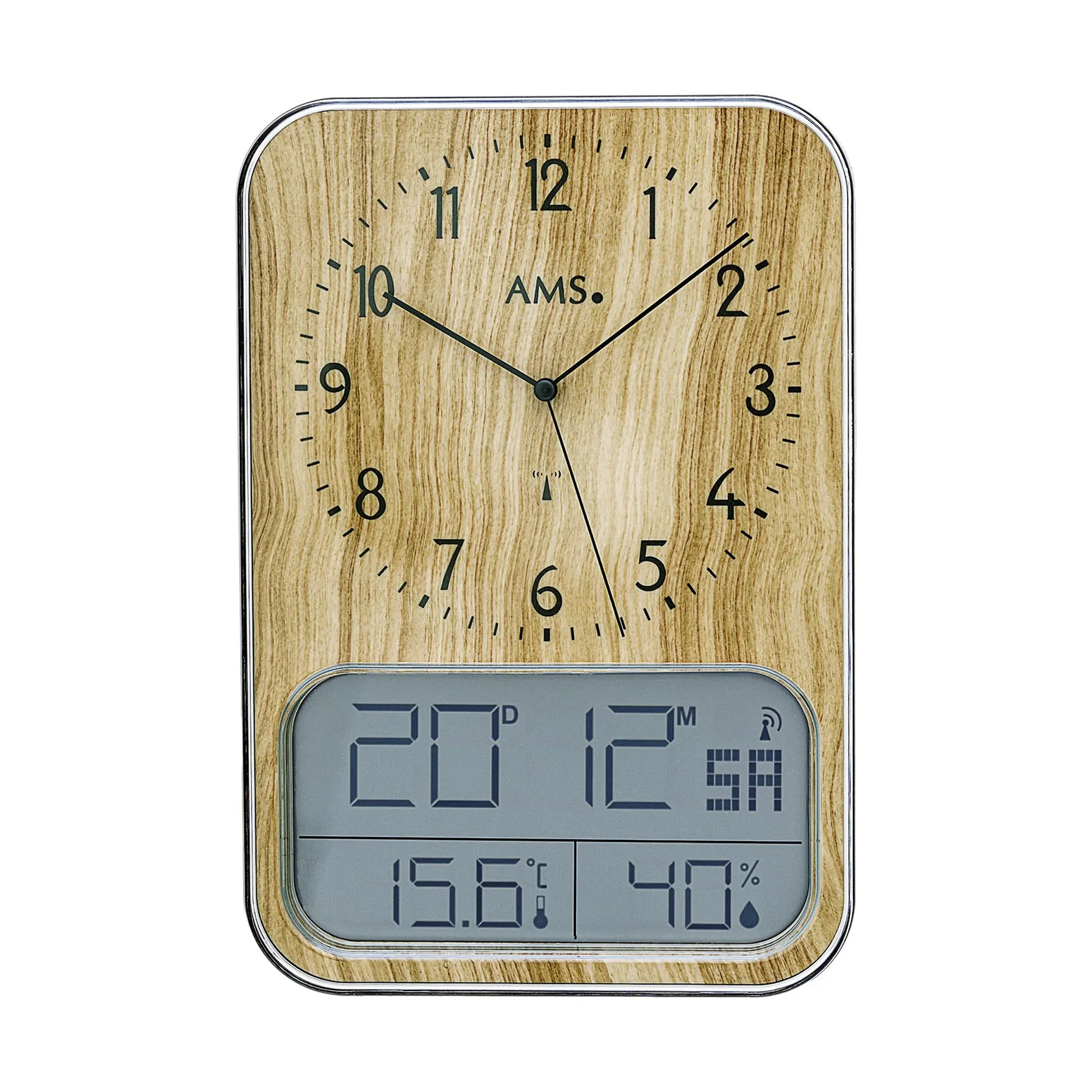 AMS Wanduhr mit Holzgehäuse, analogem Uhrwerk und digitalem Display mit Temperatur