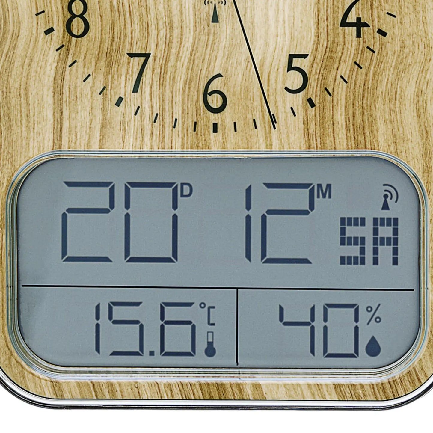 AMS Wanduhr mit Holzgehäuse, Analog-Ziffern und großer digitaler Anzeige