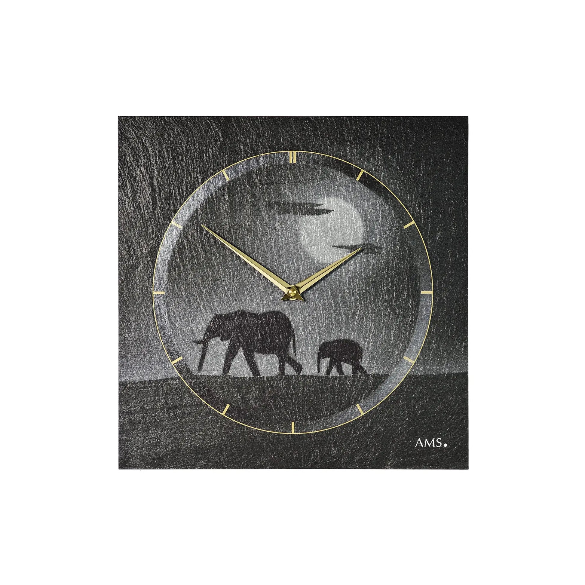 Wanduhr aus Naturschiefer mit Elefanten-Airbrush, goldener Umrandung und Zeigern